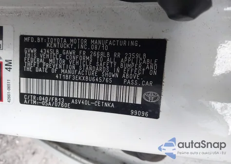 2011 Toyota Camry Le z USA, uszkodzony, nr VIN 4T1BF3EKXBU645765